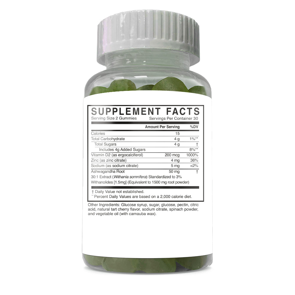 ""Ashwagandha with D2 and Zinc supplement: A bottle of premium gummy supplements featuring a powerful blend of Ashwagandha, Vitamin D2, and Zinc for holistic wellness. Supplement Facts"