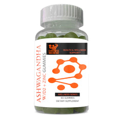 "Ashwagandha with D2 and Zinc supplement: A bottle of premium gummy supplements featuring a powerful blend of Ashwagandha, Vitamin D2, and Zinc for holistic wellness. Natural and gluten-free, these gummies provide a convenient and delicious way to support immunity, energy, and overall health. Ideal for those seeking a nutritional boost, this supplement promotes vitality and well-being. Elevate your health with the synergistic benefits of Ashwagandha, Vitamin D2, and Zinc in a tasty gummy form."