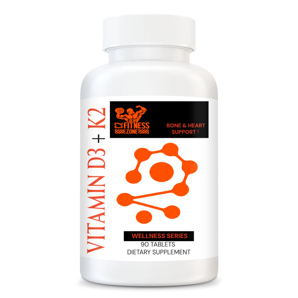 "Vitamin D3 with K2 Supplement: A bottle of essential vitamin capsules, combining the benefits of Vitamin D3 and K2 for optimal bone health and overall well-being. Elevate your daily nutrition with this powerful and synergistic supplement blend."